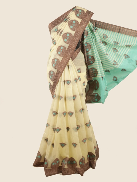 

Pothys Cream-Coloured & Brown Ethnic Motifs Chanderi Cotton Saree