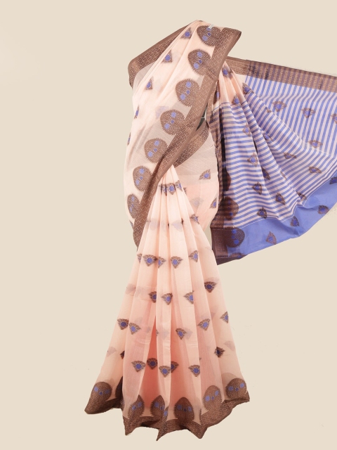 

Pothys Peach-Coloured & Brown Floral Chanderi Cotton Saree