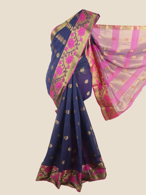 

Pothys Blue & Gold-Toned Floral Zari Chanderi Cotton Saree