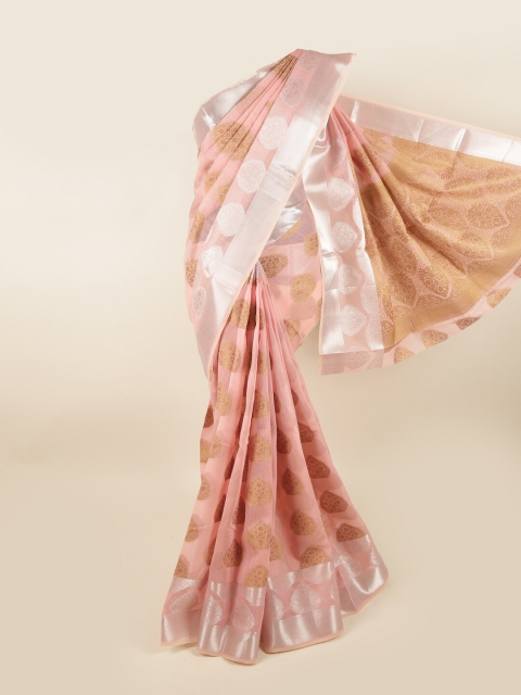 

Pothys Peach-Coloured & Silver-Toned Ethnic Motifs Chanderi Cotton Zari Saree