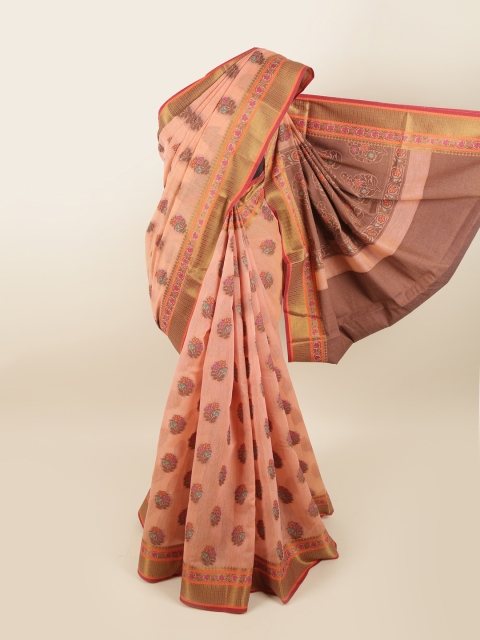 

Pothys Peach-Coloured & Brown Ethnic Motifs Zari Chanderi Cotton Saree