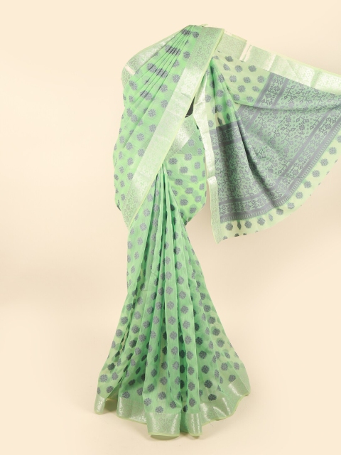 

Pothys Green & Silver-Toned Floral Chanderi Cotton Zari Saree