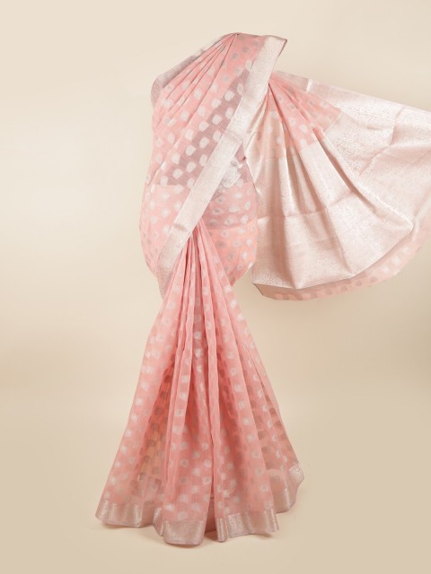 

Pothys Pink & Silver-Toned Floral Chanderi Cotton Zari Saree