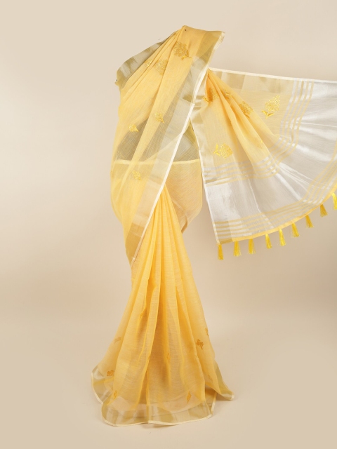 

Pothys Yellow & Silver-Toned Floral Embroidered Zari Saree