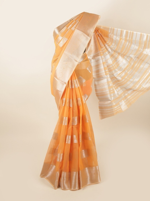 

Pothys Orange & Silver-Toned Ethnic Motifs Zari Chanderi Cotton Saree