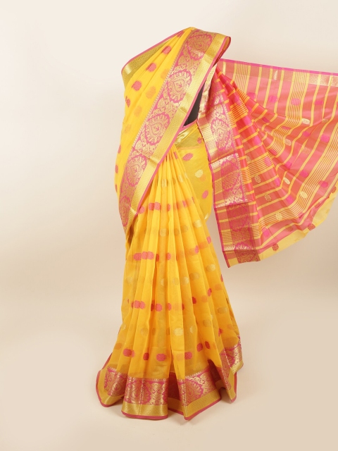 

Pothys Yellow & Gold-Toned Floral Chanderi Cotton Zari Saree