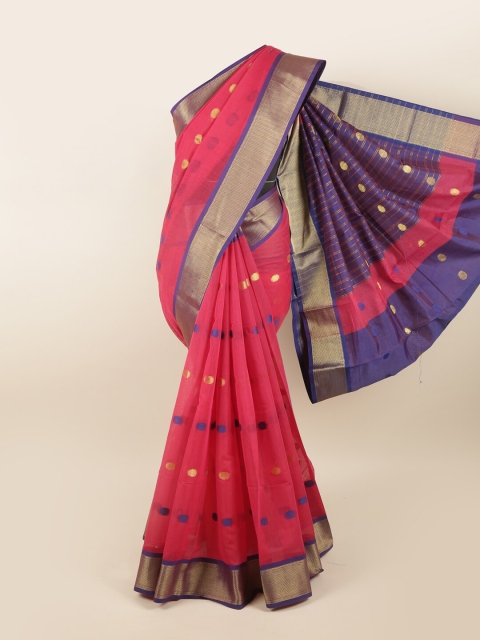 

Pothys Pink & Blue Woven Design Chanderi Cotton Zari Saree