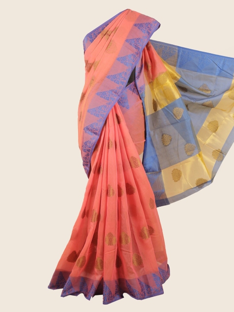 

Pothys Peach-Coloured & Blue Ethnic Motifs Chanderi Cotton Saree