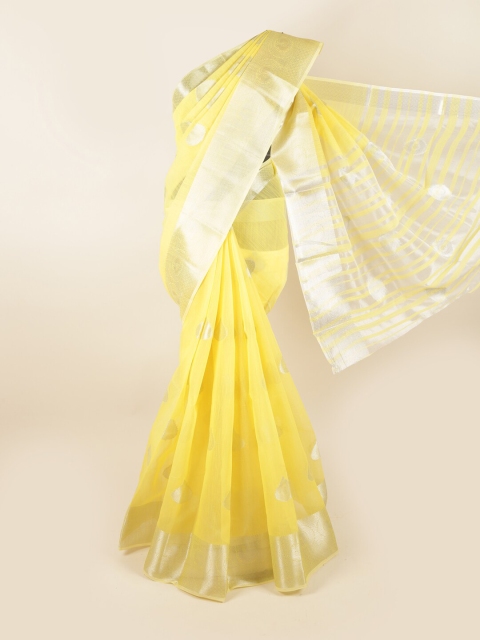 

Pothys Yellow & Silver-Toned Ethnic Motifs Chanderi Cotton Zari Saree