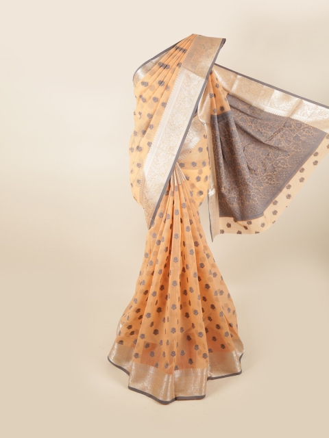 Pothys Orange & Silver-Toned Floral Chanderi Cotton Saree