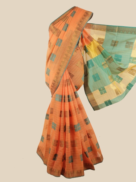 

Pothys Orange & Green Zari Chanderi Cotton Saree
