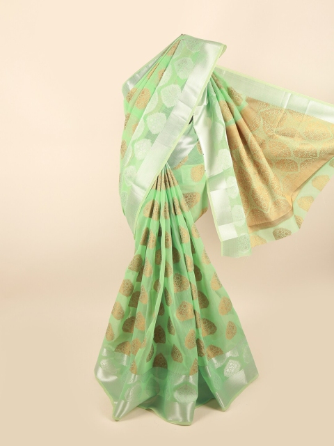 

Pothys Green & Silver-Toned Floral Zari Chanderi Cotton Saree
