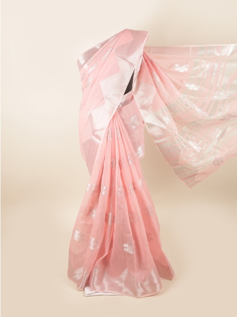 

Pothys Pink & Silver-Toned Ethnic Motifs Chanderi Cotton Saree