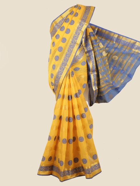 

Pothys Yellow & Blue Ethnic Motifs Zari Chanderi Cotton Saree