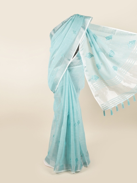 

Pothys Blue & Silver-Toned Floral Embroidered Saree