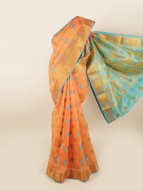 

Pothys Orange & Green Ethnic Motifs Zari Chanderi Cotton Saree