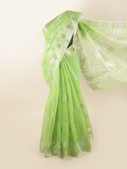 

Pothys Green & Silver-Toned Floral Chanderi Cotton Saree