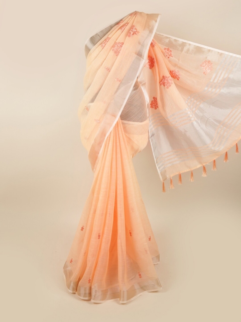

Pothys Peach-Coloured & Grey Floral Linen Blend Saree