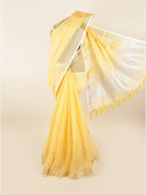 

Pothys Yellow & Silver-Toned Embellished Linen Blend Saree