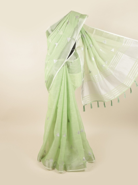 

Pothys Green & Silver-Toned Woven Design Linen Blend Saree