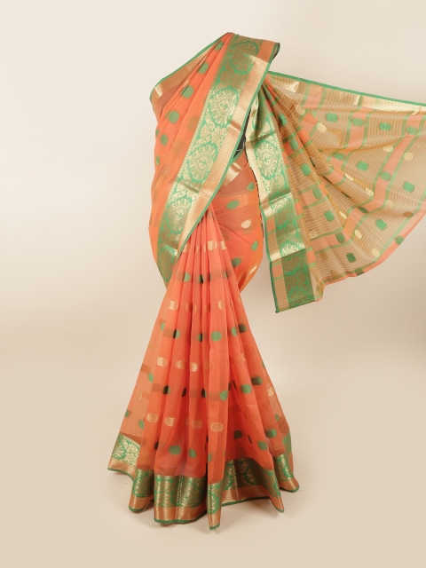 

Pothys Orange & Green Woven Design Chanderi Saree