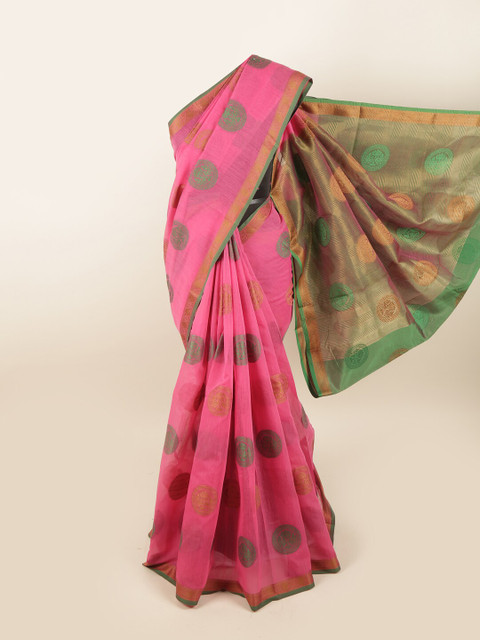 

Pothys Pink & Green Woven Design Zari Chanderi Saree