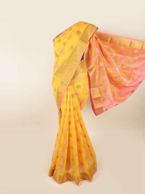 

Pothys Yellow & Pink Woven Design Chanderi Saree