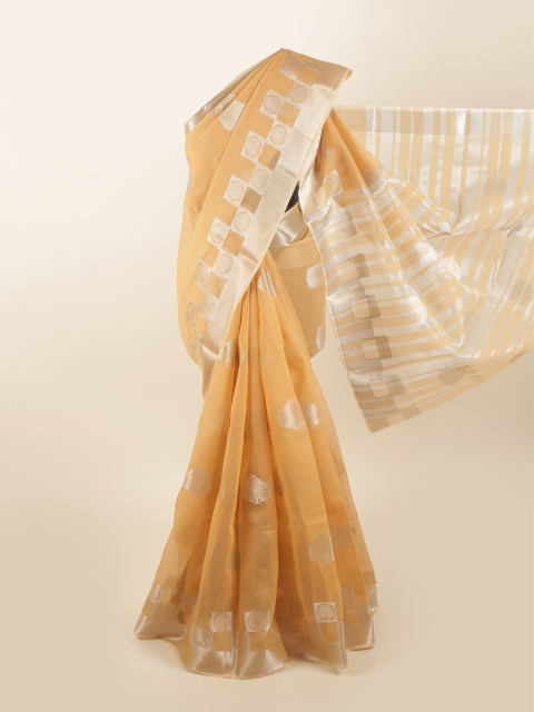 

Pothys Peach-Coloured & Gold-Toned Ethnic Motifs Zari Chanderi Saree