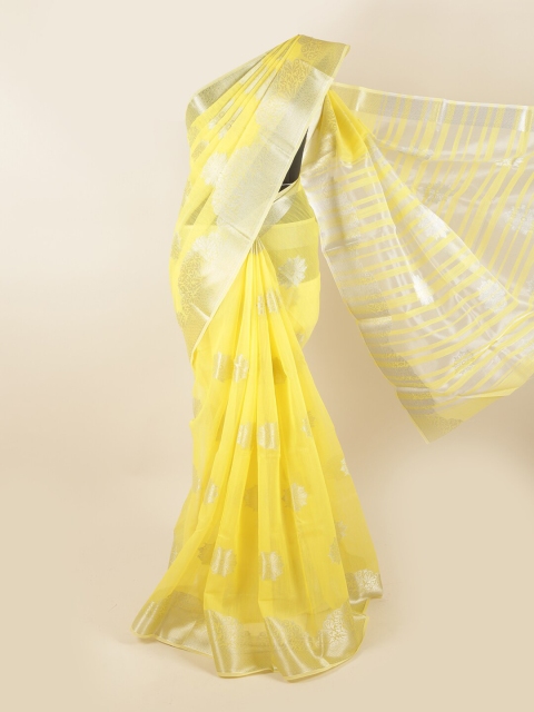 

Pothys Yellow & Silver-Toned Ethnic Motifs Chanderi Saree