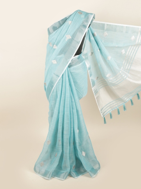 

Pothys Blue & Silver-Toned Ethnic Motifs Linen Blend Saree