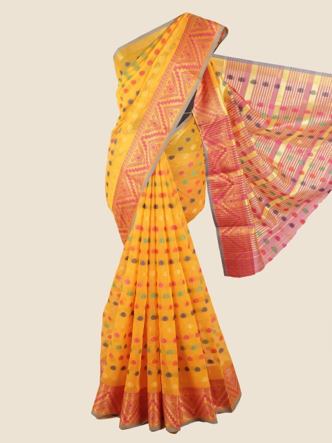 

Pothys Yellow & Magenta Woven Design Chanderi Saree