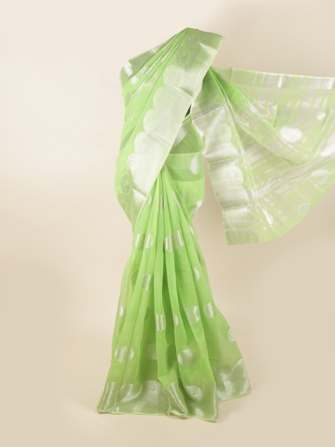 

Pothys Green & Silver-Toned Woven Design Chanderi Saree