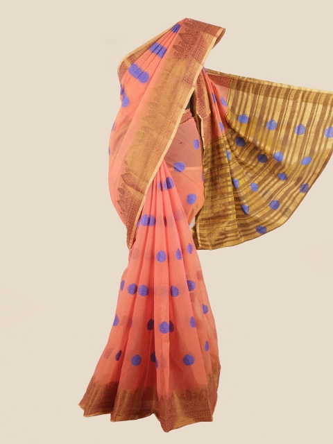

Pothys Peach-Coloured & Blue Ethnic Motifs Chanderi Saree
