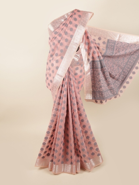 

Pothys Peach-Coloured & Grey Ethnic Motifs Chanderi Saree
