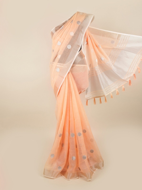 

Pothys Peach-Coloured & Silver-Toned Woven Design Zari Linen Blend Saree