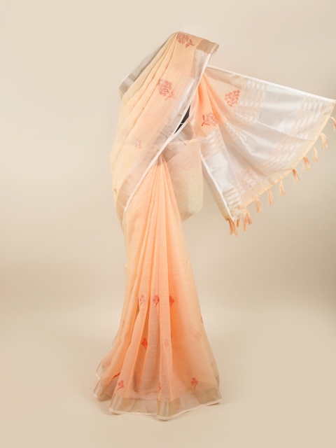 Pothys Peach-Coloured & Orange Embellished Linen Blend Saree