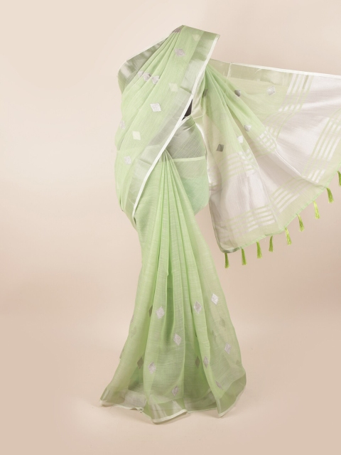 

Pothys Green & Silver-Toned Woven Design Linen Blend Saree