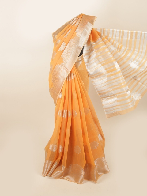 

Pothys Orange & Silver-Toned Ethnic Motifs Chanderi Saree