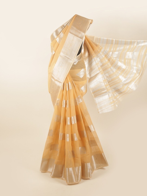 

Pothys Peach-Coloured & Gold-Toned Ethnic Motifs Chanderi Saree