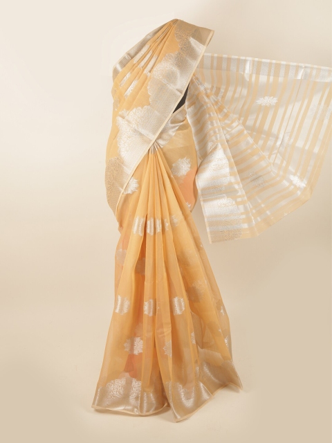 

Pothys Peach-Coloured & Silver-Toned Ethnic Motifs Chanderi Saree