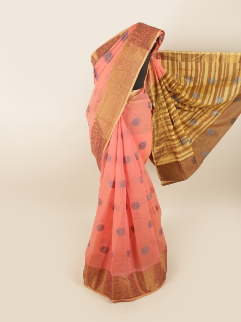 

Pothys Peach-Coloured & Brown Ethnic Motifs Chanderi Saree