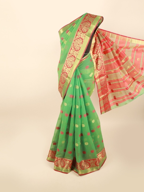 

Pothys Green & Pink Ethnic Motifs Chanderi Saree