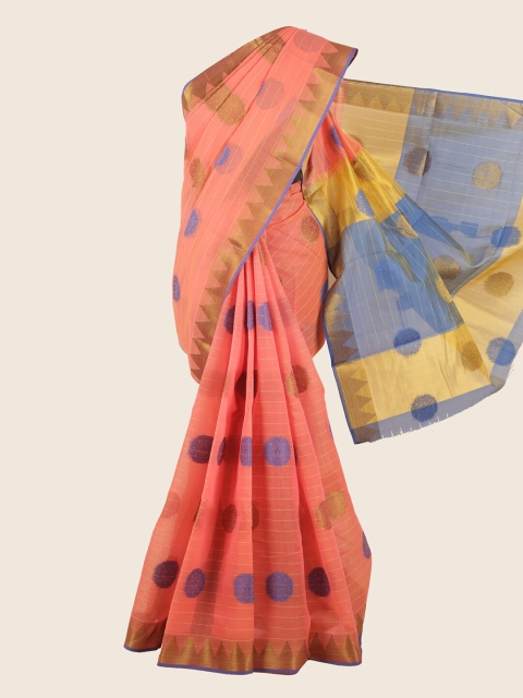 

Pothys Peach-Coloured & Gold-Toned Ethnic Motifs Chanderi Saree