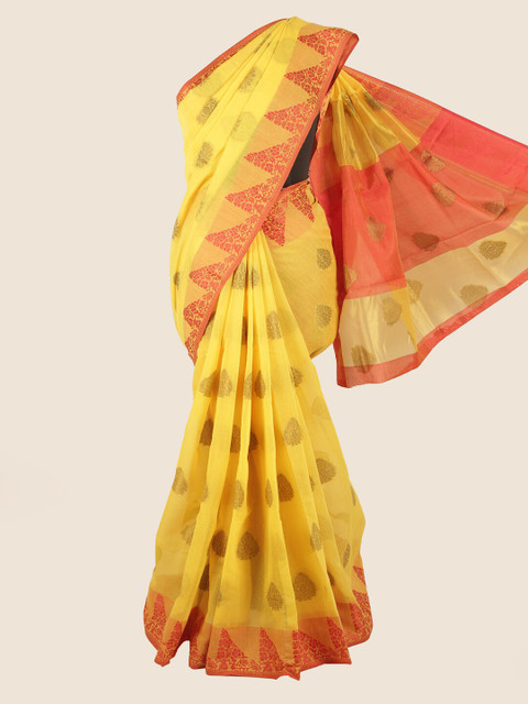

Pothys Yellow & Red Woven Design Chanderi Saree