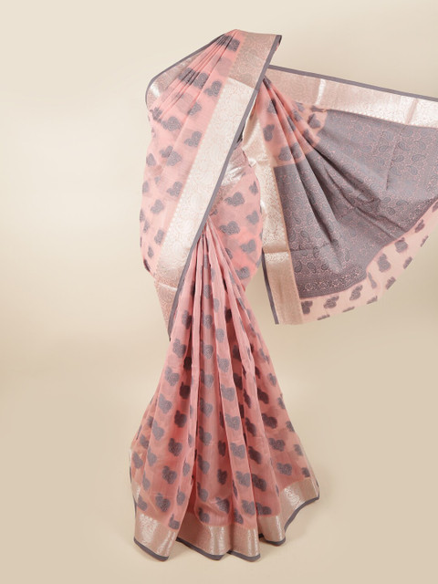 

Pothys Peach-Coloured & Grey Woven Design Chanderi Saree