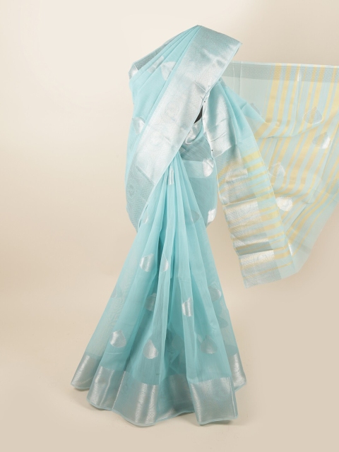 

Pothys Turquoise Blue & Silver-Toned Woven Design Chanderi Saree