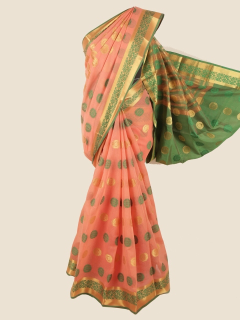 

Pothys Peach-Coloured & Green Ethnic Motifs Chanderi Saree