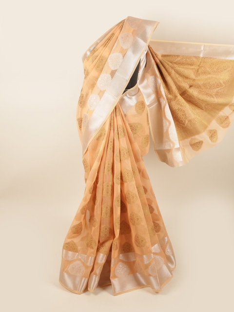 

Pothys Orange & Silver-Toned Ethnic Motifs Chanderi Saree