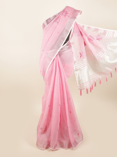 

Pothys Pink & Silver-Toned Embellished Linen Blend Saree