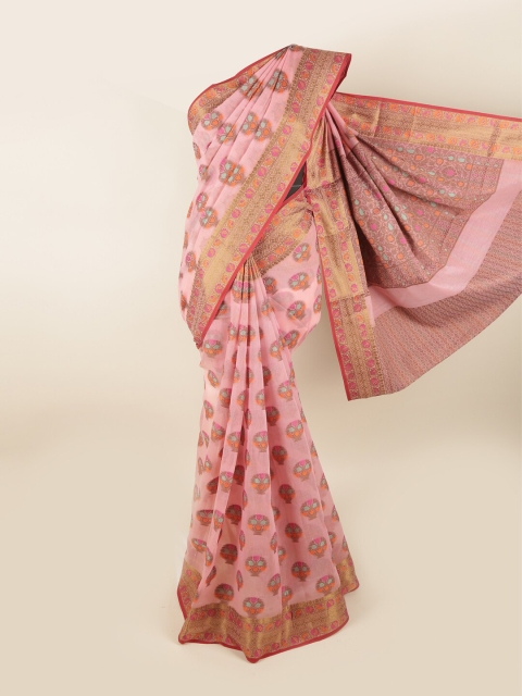 

Pothys Pink & Gold-Toned Ethnic Motifs Chanderi Saree